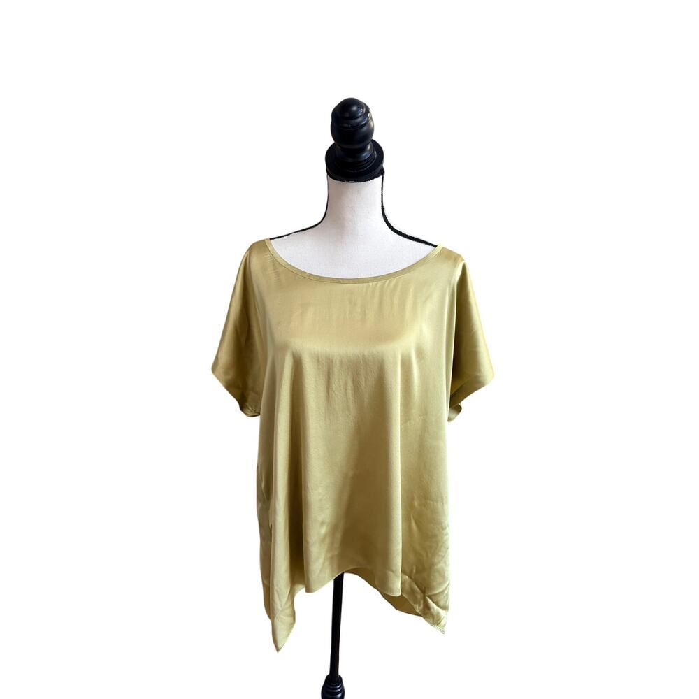 Eileen Fisher Women's XL Green Gold Silk Handkerchief Hem Tee Blouse